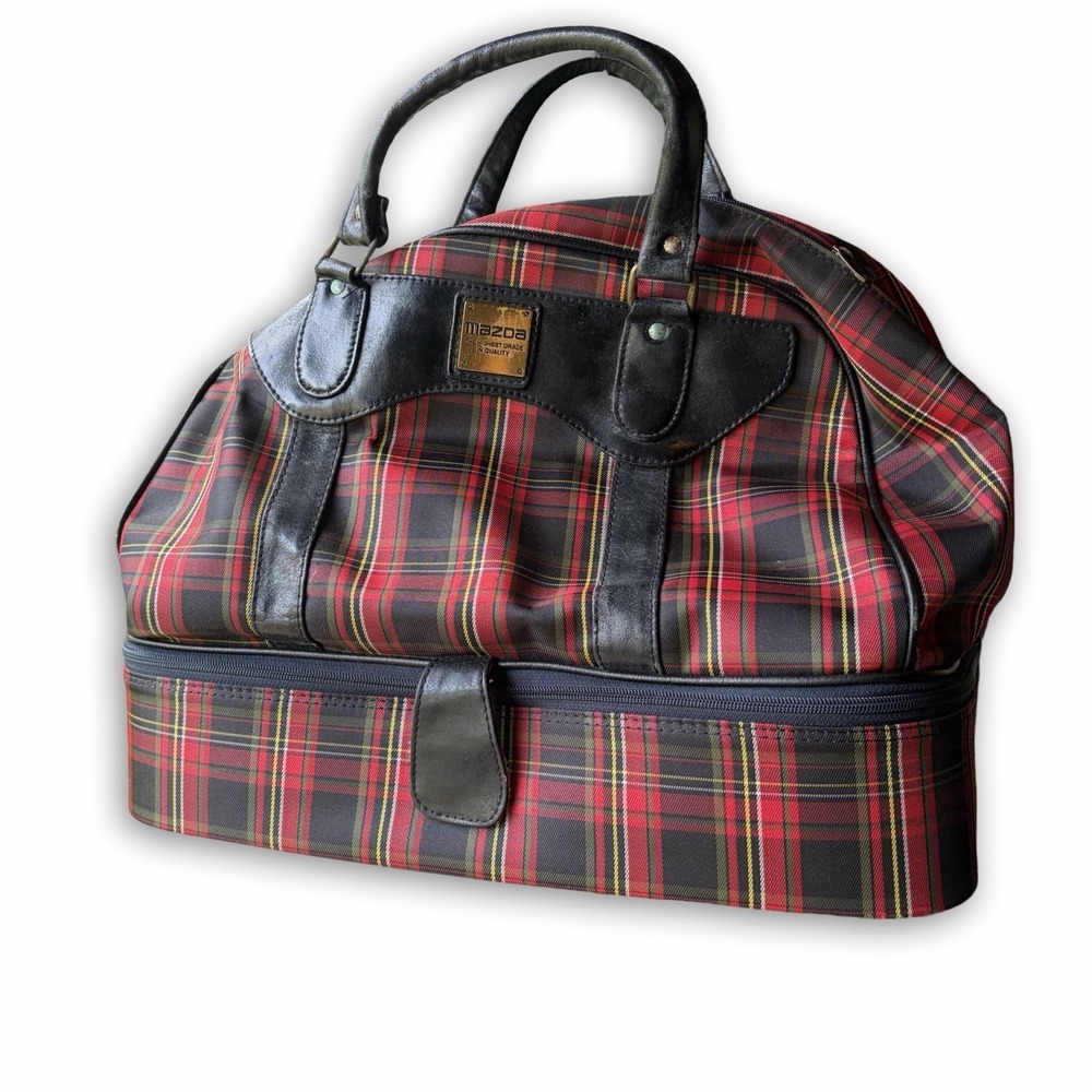 Vintage 1970s Tartan Plaid Mazda Weekender Bag Distressed Patina Leather Straps